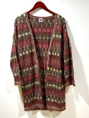 Vintage M Missoni Metallic Crochet Knit Cardigan Multicolor Open Front Italy